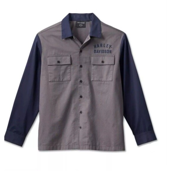 New HARLEY DAVIDSON Racing Colorblock Button Up Long Shirt Gray Navy Men’s M - Picture 1 of 4